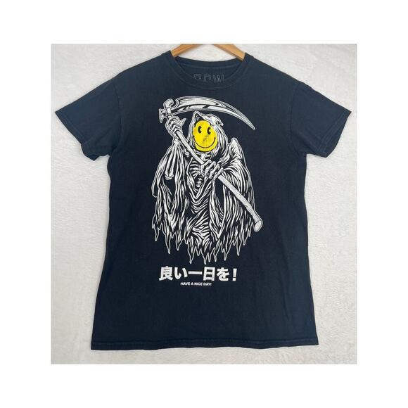 SCW Tops - SCW Grim Reaper Smiley Face Baby Tee Black Graphic Tee Japan Streetwear size S